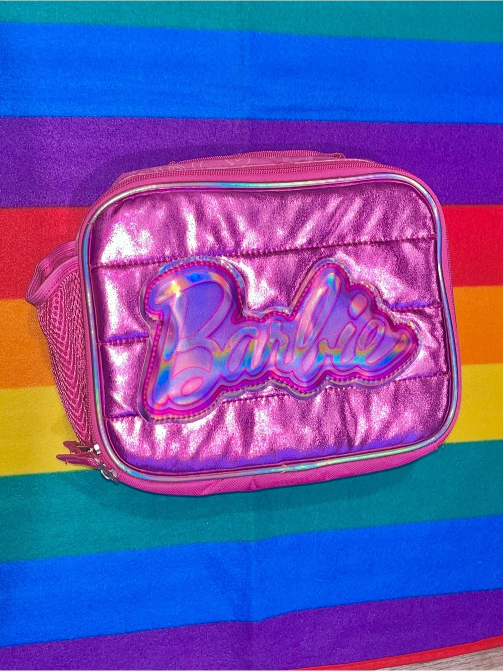 Barbie Pink Holographic Rainbow Logo Insulated Lunch Bag, soft handle name tag